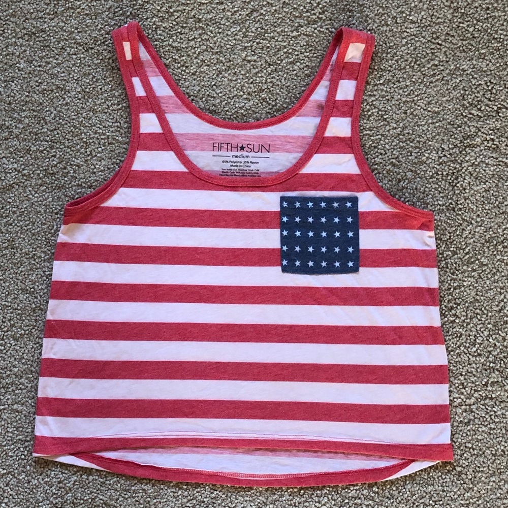 Fifth Sun American Flag Cropped Tank Top M Red White Stripe Star Pocket USA
